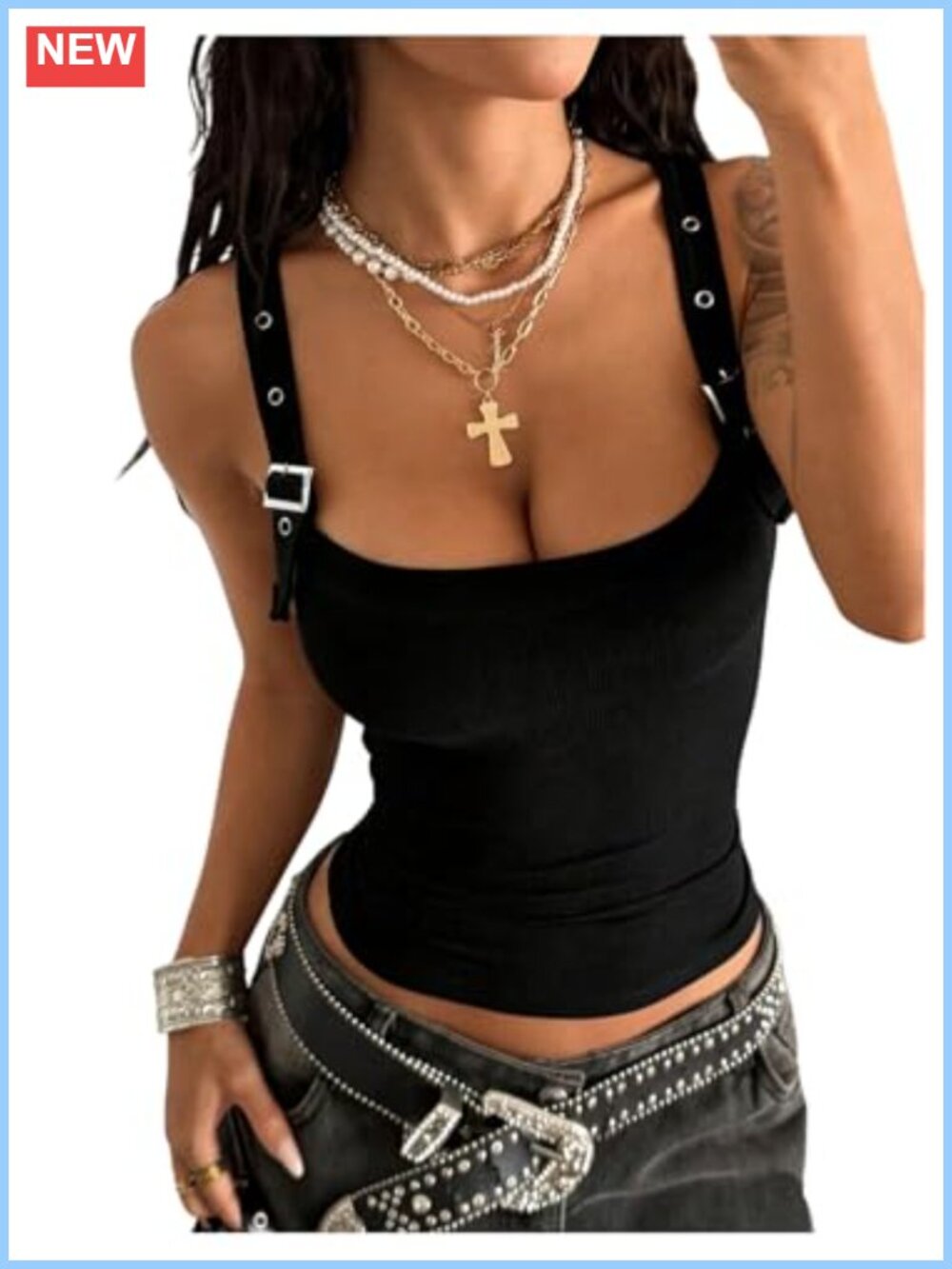 Y2K Buckle Tank Top Sleeveless Scoop Neck Ribbed Knit Festival Streetwear Going